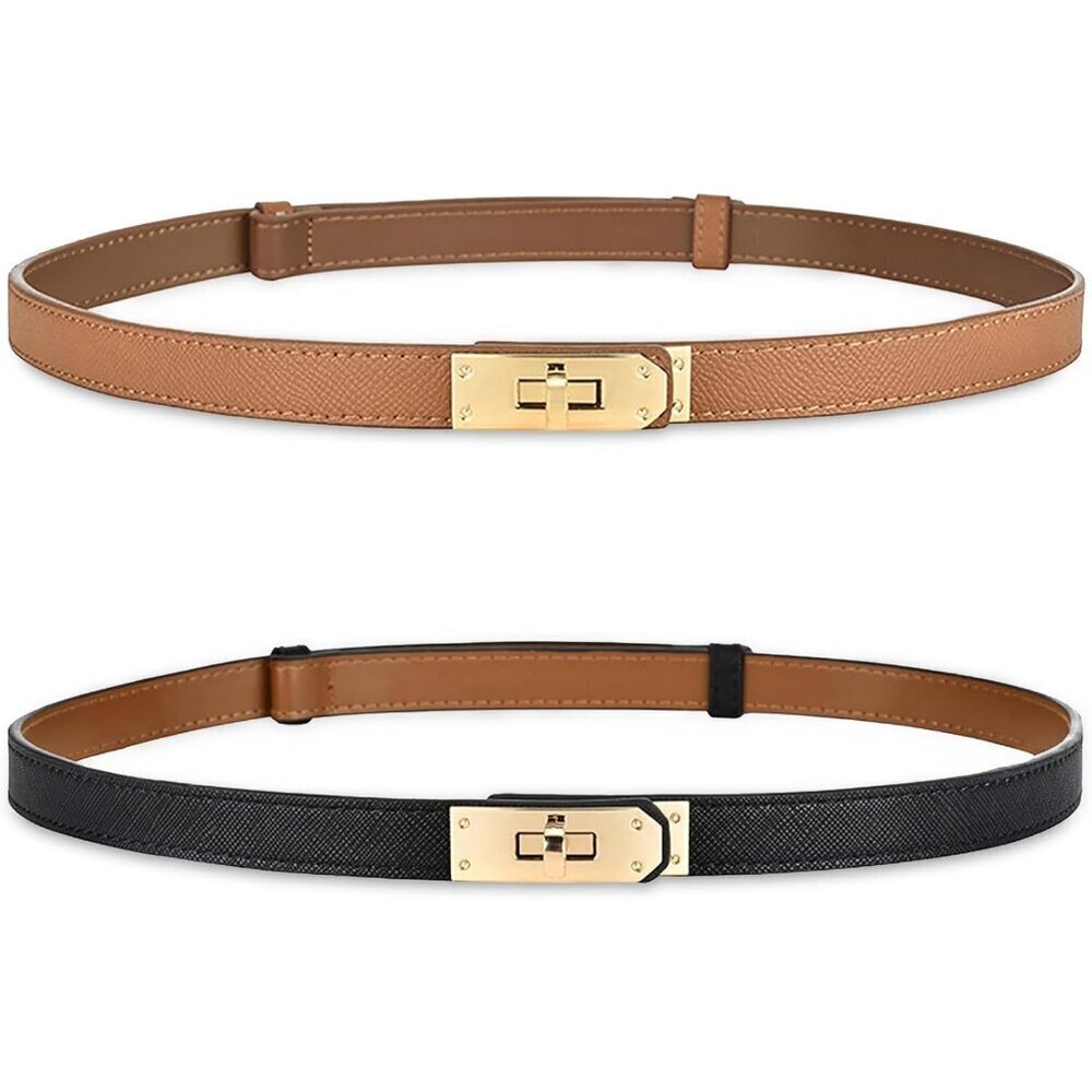 Women's Skinny Leather Belt Adjustable Silver Turn-Lock Buckle Black